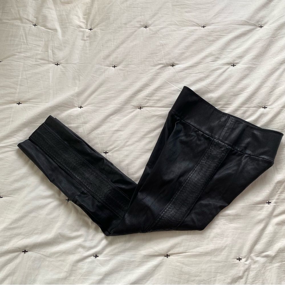 SPRWMN Womens Wide Waistband ankle Leather pants Black Size M tuxedo Trim